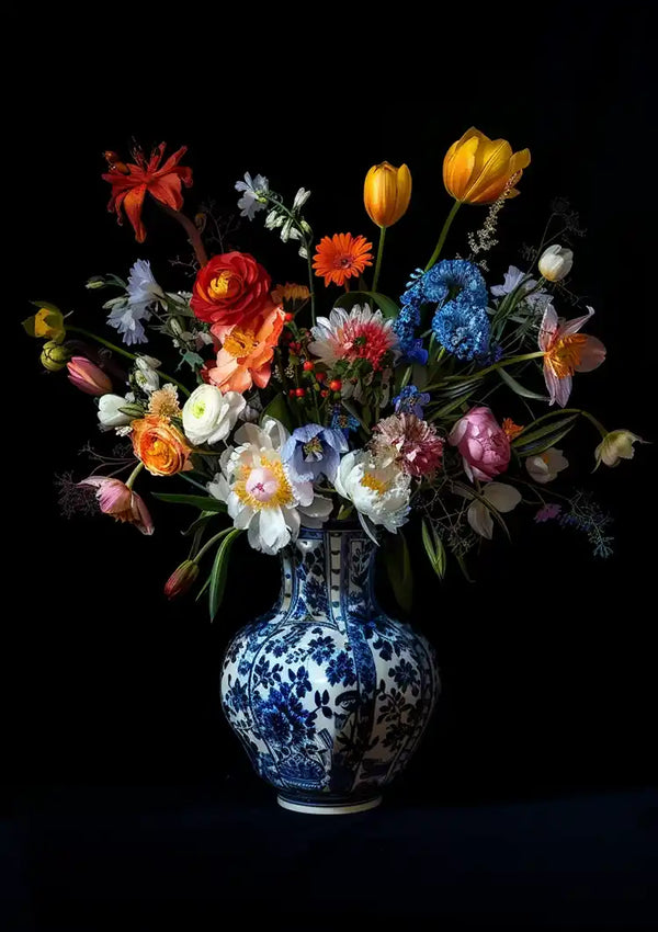 Een boeket met diverse bloemen, waaronder tulpen, pioenrozen en madeliefjes, is gerangschikt in een blauw-witte porseleinen vaas met ingewikkelde ontwerpen (abb 010 - delfts-blauw van CollageDepot). De achtergrond is zwart, wat de levendige kleuren van de bloemen benadrukt.-
