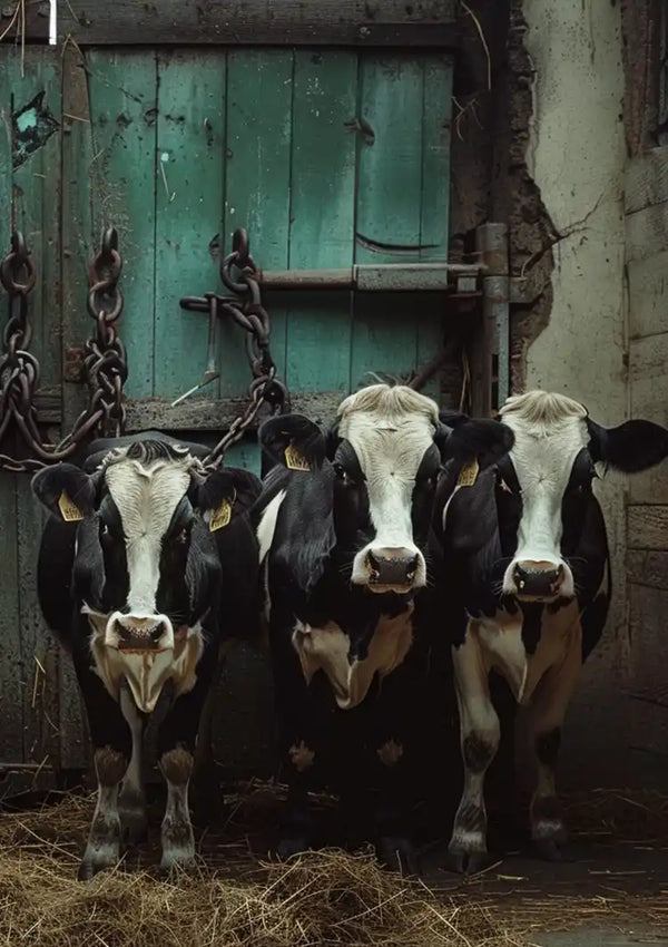 Drie zwart-witte koeien staan dicht bij elkaar in een schuur met een groene deur en hangende kettingen op de achtergrond. Voor hen ligt hooi op de grond. Dit tafereel is perfect vastgelegd in ddd 003 - Dieren van CollageDepot.-