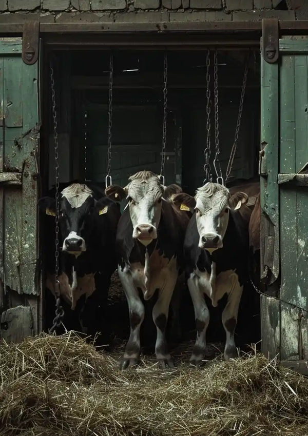 Vier koeien staan dicht bij elkaar in de deuropening van een rustieke schuur. Twee koeien hebben een zwart-witte vacht, en de andere twee zijn meestal bruin met witte gezichten. De schuur heeft oude groene houten deuren en er voor ligt hooi op de vloer. Dit pittoreske tafereel wordt perfect vastgelegd in de ddd 002 - Dieren van CollageDepot.-