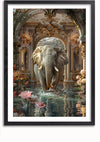 Een olifant in een fantasiezwembad Schilderij van CollageDepot met een grote olifant die door ondiep water loopt in een rijkelijk versierde hal met ingewikkelde ontwerpen, bloemstukken en kroonluchters die aan het plafond hangen. De scène combineert natuurlijke en weelderige elementen, perfect voor weergave met een magnetisch ophangsysteem.,Zwart-Met,Lichtbruin-Met,showOne,Met