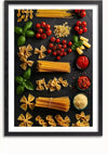Een prachtig ingelijste afbeelding met daarop verschillende soorten pasta, verse kerstomaatjes, verse basilicumblaadjes, kommen geraspte kaas en rode pastasauzen, netjes gerangschikt op een zwarte ondergrond. Dit prachtige Pasta D'Italia Schilderij van CollageDepot dient als een perfecte wanddecoratie met het meegeleverde magnetische ophangsysteem voor eenvoudige weergave.,Zwart-Met,Lichtbruin-Met,showOne,Met