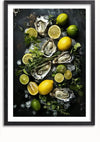 Een prachtige wanddecoratie toont het **Citrus en Oesters Schilderij** van **CollageDepot** met een schilderij van oesters op de halve schelp omringd door citroen- en limoenhelften, hele citroenen en limoenen, verse kruiden en ijsblokjes op een donkere achtergrond.,Zwart-Met,Lichtbruin-Met,showOne,Met
