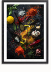 Een ingelijst Beautiful Herbs And Spices-schilderij van CollageDepot bevat een assortiment specerijen en kruiden, waaronder rode pepervlokken, zwarte peper, zout, kurkuma, knoflook, rozemarijn, een citroen en chilipepers op een donkere achtergrond. Diverse kruiden en een gesneden gele paprika zijn kunstig verspreid. Perfect voor wanddecoratie met een magnetisch ophangsysteem.,Zwart-Met,Lichtbruin-Met,showOne,Met