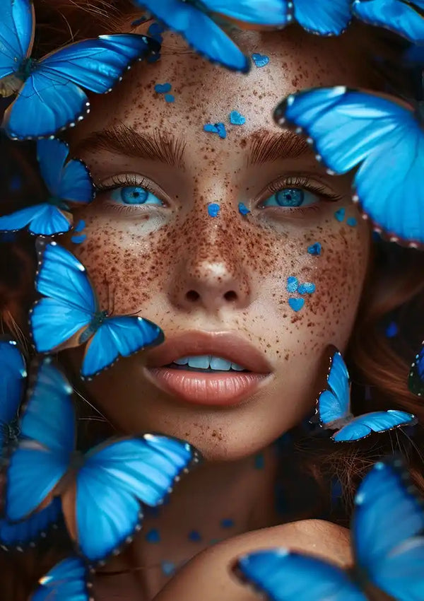 Een close-up van een persoon met sproeten en blauwe ogen omringd door blauwe vlinders, waardoor een levendig en kleurrijk tafereel ontstaat dat doet denken aan een levend schilderij. De vlinders rusten op hun gezicht en in de omgeving, waardoor het moment een prachtig stukje wanddecoratie wordt. Dit boeiende beeld wordt perfect vastgelegd in het Butterfly Face Schilderij van CollageDepot.-
