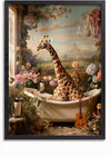 Een ingelijste giraffe in een badkuip Schilderij van CollageDepot toont een giraffe zittend in een witte badkuip omringd door verschillende bloemen en planten. De setting is een kamer met een pastoraal uitzicht op de achtergrond. Twee pinguïns, een kleine gitaar en kroonluchterlampjes dragen bij aan de speelse wanddecoratie die nog eenvoudiger wordt gemaakt met een magnetisch ophangsysteem.,Zwart-Zonder,Lichtbruin-Zonder,showOne,Zonder