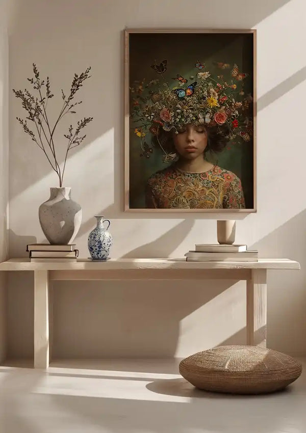 Een ingelijst CollageDepot Girl Of Nature schilderij met een afbeelding van een jong persoon met een hoofddeksel met bloemen en vlinders hangt aan een beige muur en dient als prachtige wanddecoratie. Hieronder staat een houten consoletafel met twee brandende kaarsen, een mand en een witte vaas met daarin pampagras. Naast de tafel staat een geweven mand op de grond.,Lichtbruin