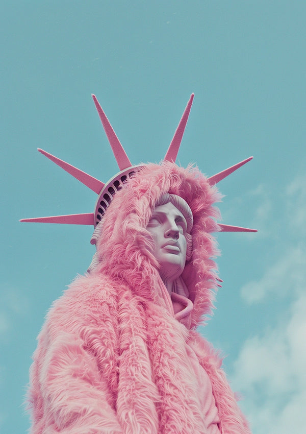 Een persoon verkleed als het Vrijheidsbeeld draagt de aab 022 - exclusives van CollageDepot, waaronder een roze bontoutfit en een roze kroon. De lucht op de achtergrond is helder met enkele wolken. De originele details van het beeld, zoals het klassieke gewaad en de fakkel, ontbreken.-