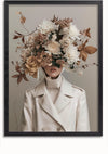 Dit Bloemen en Bladeren Schilderij van CollageDepot toont een persoon in een witte jas, wiens gezicht verduisterd wordt door een uitgebreid bloemstuk met witte, beige en bruine bloemen en bladeren. De neutrale achtergrond versterkt de focus op de bloemenpracht en de witte jas. Deze wanddecoratie wordt geleverd met een magnetisch ophangsysteem voor eenvoudige installatie.,Zwart-Zonder,Lichtbruin-Zonder,showOne,Zonder