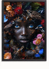 Een digitaal kunstwerk toont het gezicht van een vrouw met levendige blauwe ogen, omringd door diverse bloemen en vogels. Haar huid heeft ingewikkelde patronen die lijken op bladeren en takken, vermengd met de natuurlijke elementen om haar heen. De scène is zwart omlijst, waardoor kunst en natuur naadloos samensmelten en de aaa 115 Exclusive van CollageDepot wordt getoond.,Zwart-Zonder,Lichtbruin-Zonder,showOne,Zonder