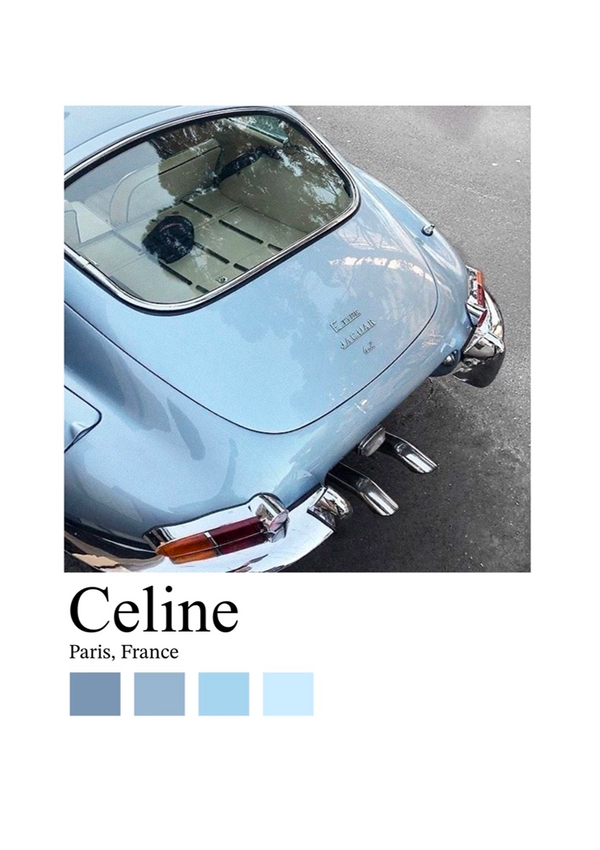 Een achteraanzicht van een lichtblauwe vintage Porsche geparkeerd op straat in Parijs, Frankrijk. Op de achterkant is de merknaam van de auto zichtbaar. Onder de afbeelding staat de tekst "Celine, Paris, France" vergezeld van een kleurenpalet van vier tinten blauw, perfect voor je volgende wanddecoratie met een magnetisch ophangsysteem. Introduceer stijl in uw ruimte met ons Vintage Porsche In Parijs Schilderij van CollageDepot.-
