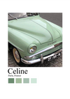 Een close-up van een vintage mintgroene oldtimer geparkeerd op een geplaveide straat. Op de afbeelding staan de naam "Celine" en de locatie "Paris, Frankrijk" onder de auto gedrukt. Onder de tekst wordt een kleurenpalet van vier tinten groen weergegeven: werkelijk een perfecte wanddecoratie. Maak kennis met het Mintgroene Oldtimer In Parijs Schilderij van CollageDepot.-