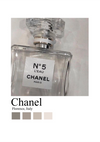 Een foto van een Parfumflesje Chanel N°5 Schilderij op zijn kant, met een witte achtergrond. Onder de fles wordt de tekst "CollageDepot" en "Florence, Italy" weergegeven, samen met vijf kleurstalen in grijs- en beigetinten - ideaal voor elegante wanddecoratie of een modern schilderij.-