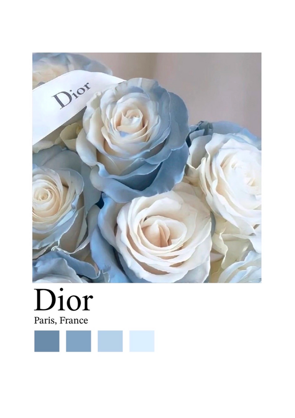 Een boeket witte en lichtblauwe rozen is versierd met een lint met het opschrift 'CollageDepot'. De afbeelding, perfect als wanddecoratie, heeft aan de onderkant een label met de tekst "CollageDepot, Paris, France", samen met vier tinten blauwe kleurstalen. Hij wordt geleverd met een handig magnetisch ophangsysteem voor eenvoudige weergave.-