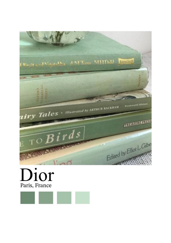 Op een oppervlak ligt een stapel lichtgroene en mintkleurige vintage boeken. De zichtbare titels zijn onder meer 'Blond Ghost', 'Fairy Tales', 'Guide to Birds' en 'The Subsurface'. Onderaan bevindt zich een kleurenpalet en de tekst "Dior Paris, France." Deze charmante collectie zou de perfecte wanddecoratie kunnen zijn. Maak kennis met het Vintage Boeken Dior Parijs Schilderij van CollageDepot.-