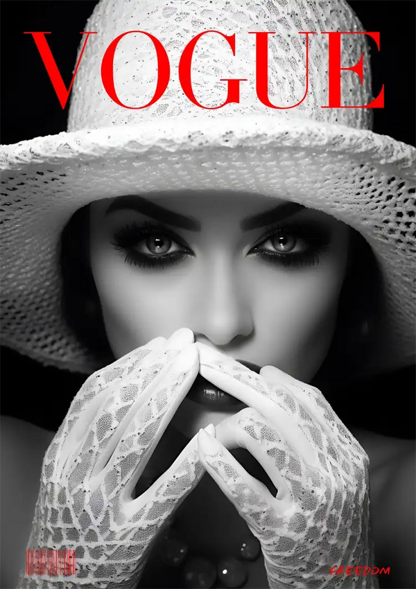Op de zwart-witte omslag van het tijdschrift Vogue staat een persoon afgebeeld met een witte kanten hoed en bijpassende handschoenen. Het individu staart rechtstreeks in de camera, waarbij de handen het gezicht gedeeltelijk bedekken. De opvallende rode tekst spelt "VOGUE" bovenaan, waardoor het een prachtig Modetijdschrift Omslag VOGUE Schilderij van CollageDepot is, perfect voor wanddecoratie.-