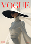 Op de cover van het tijdschrift Vogue staat een gestileerde illustratie van een vrouw in een vloeiende grijze jurk en een grote zwart-witte hoed, geaccentueerd door de opvallende rode CollageDepot bb 021 - modetitel bovenaan.-
