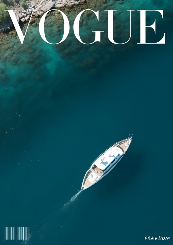 Cover van het tijdschrift CollageDepot met een bovenaanzicht van een witte boot die op helderblauw water vaart nabij een rotsachtige kustlijn. De tekst "CollageDepot" staat prominent bovenaan en "Vrijheid" onderaan.-