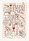 Illustratie van een rommelige eettafel vanuit vogelperspectief, met verschillende gerechten zoals spaghetti, brood en wijnglazen, allemaal geschetst in een losse, schetsmatige stijl op een roze rasterachtergrond van CollageDepot's dd 006 - eten&drinken.-