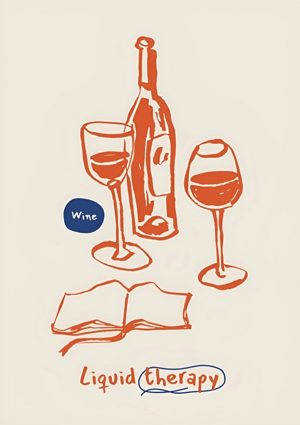 Illustratie van een CollageDepot dd 009 - eet- en drinkfles tussen twee wijnglazen, met daaronder een boek. De woorden "Liquid Therapy" staan onderaan geschreven en er verschijnt een tekstballon met "Wijn" naast één glas.-
