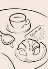 Een simplistische illustratie in schetsstijl met de dd 010 - eten&drinken van CollageDepot, een koffiekopje, een croissant en een menukaart met handgeschreven script op een ronde tafel. De tekening maakt gebruik van zachte, alleen omtreklijnen op een beige achtergrond.-