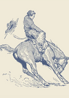 Illustratie van een cowboy die op een galopperend paard rijdt, met een hoed die op de achtergrond wegvliegt. Het beeld legt de dynamische beweging van het paard en de gerichte uitdrukking van de ruiter vast. Dit is het Vintage Cowboy-schilderij van CollageDepot.