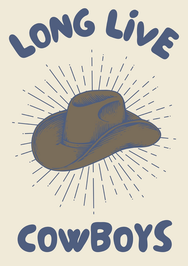 Illustratie van een bruine cowboyhoed met stralende lijnen, gecentreerd boven de tekst "Long Live Cowboys Schilderij" op een lichte achtergrond. De stijl is krachtig en grafisch. Gemaakt door CollageDepot.
