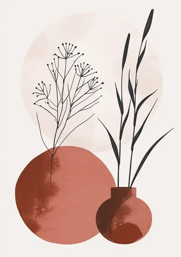 Illustratie van twee CollageDepot Minimalistisch Vazen Schilderijen met botanische ontwerpen, tegen een lichte achtergrond met zachte ronde vormen in gedempte tinten. De linkervaas bevat delicate takken en de rechter bevat langwerpige bladeren.