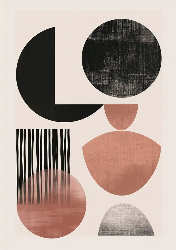 Abstracte geometrische kunst met ronde en halfronde vormen in zwarte, roze en getextureerde grijstinten, gerangschikt in een uitgebalanceerde compositie op een lichte achtergrond.Merknaam: CollageDepot's Abstracte Vormen Schilderij