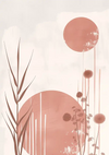 Abstract CollageDepot schilderij met terracotta cirkels en paardenbloemachtige planten tegen een zachtbeige achtergrond. De compositie omvat verticale grasachtige elementen en structurele verfstreken.