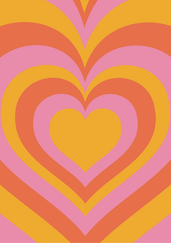 Een grafisch ontwerp met concentrische hartvormen in warme kleuren oranje, roze en geel. De harten worden naar het midden toe kleiner, waardoor een gevoel van diepte en patroon ontstaat. Dit Harten Patroon Schilderij van CollageDepot heeft een retro, op de jaren 70 geïnspireerde esthetiek en is perfect als wanddecoratie.