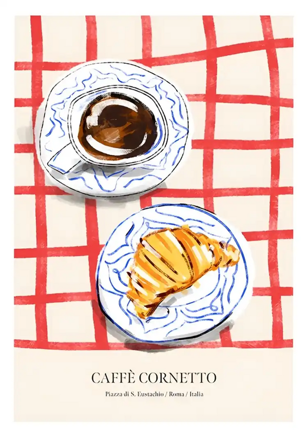 Illustratie van een kopje koffie en een croissant op twee witte borden met blauwe patronen, geplaatst op een rood en wit geruit tafelkleed. De onderstaande tekst luidt: "CAFFÈ CORNETTO, Piazza di S. Eustachio / Roma / Italia." Dit schilderij is perfect voor wanddecoratie en geeft de essentie weer van Café Cornetto Schilderij van CollageDepot.
