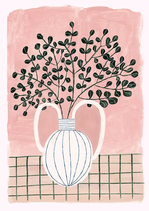 Een illustratie toont een witte vaas met twee handvatten met daarin een plant met talrijke donkergroene bladeren. De vaas is op een oppervlak met rasterlijnen geplaatst en de achtergrond heeft een roze kleur. Dit stuk, het Witte Vaas Schilderij van CollageDepot, zorgt voor een perfecte wanddecoratie en voegt charme toe aan elke kamer.