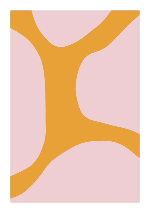 Abstract schilderij genaamd "Organische Vorm Schilderij" van CollageDepot met een lichtroze achtergrond en oranje, vertekkende vormen die verticale door het midden lopen. De vormen creëren een organisch, synthetisch patroon dat contrasteert met de effen achtergrond. Perfect als wanddecoratie wanneer gecombineerd met een magnetisch ophangsysteem.