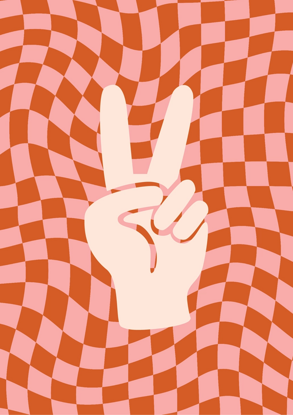 Illustratie van een hand die een vredesteken maakt op een rood en roze geruite, golvende achtergrond, perfect als Peace Schilderij van CollageDepot met een optioneel magnetisch ophangsysteem.
