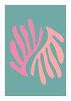 Deze afbeelding toont een abstract kunstwerk met twee organische, bladachtige vormen in roze en perzikkleuren op een blauwgroen achtergrond. De vormen hebben langwerpige, gebogen vormen en zijn in het midden van de compositie gepositioneerd, waardoor het een perfect stukje wanddecoratie is dat eenvoudig kan worden weergegeven met een magnetisch ophangsysteem. Maak kennis met het Tropical Wonder Schilderij van CollageDepot.