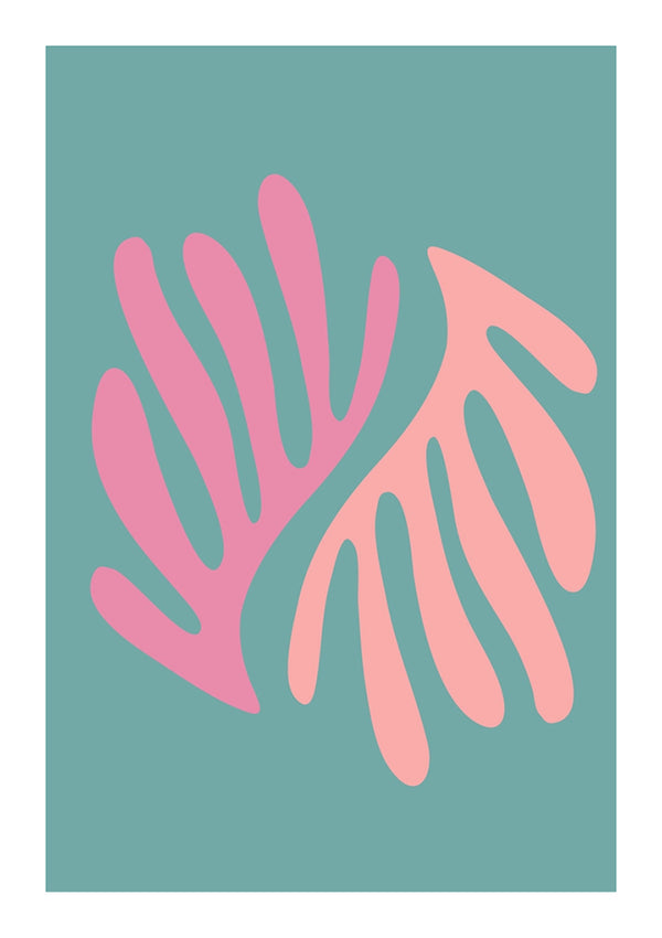 Deze afbeelding toont een abstract kunstwerk met twee organische, bladachtige vormen in roze en perzikkleuren op een blauwgroen achtergrond. De vormen hebben langwerpige, gebogen vormen en zijn in het midden van de compositie gepositioneerd, waardoor het een perfect stukje wanddecoratie is dat eenvoudig kan worden weergegeven met een magnetisch ophangsysteem. Maak kennis met het Tropical Wonder Schilderij van CollageDepot.
