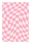 Een optisch illusiebeeld met een geometrisch patroon dat lijkt op een golvend schaakbord, bestaande uit roze en crèmekleurige vierkanten. De vervormde vierkanten creëren een gevoel van beweging en diepte, waardoor het een intrigerende wanddecoratie is genaamd het Illusie Effect Schilderij van CollageDepot.