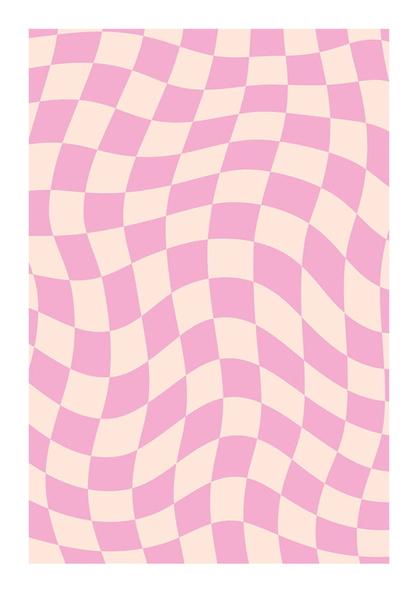 Een optisch illusiebeeld met een geometrisch patroon dat lijkt op een golvend schaakbord, bestaande uit roze en crèmekleurige vierkanten. De vervormde vierkanten creëren een gevoel van beweging en diepte, waardoor het een intrigerende wanddecoratie is genaamd het Illusie Effect Schilderij van CollageDepot.