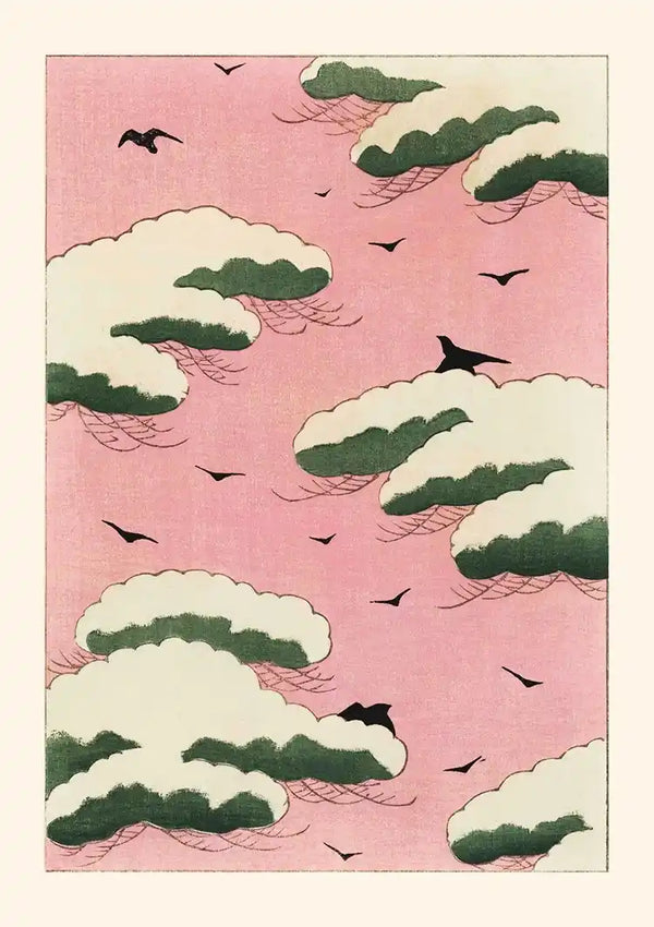 Een illustratie in vintage-stijl toont witte en groene wolken tegen een roze achtergrond. Zwarte vogels zijn verspreid door de lucht, waarvan sommige tijdens de vlucht, wat een dynamisch element aan het tafereel toevoegt. De algehele esthetiek van dit CollageDepot Roze lucht schilderij doet denken aan traditionele Japanse kunst.