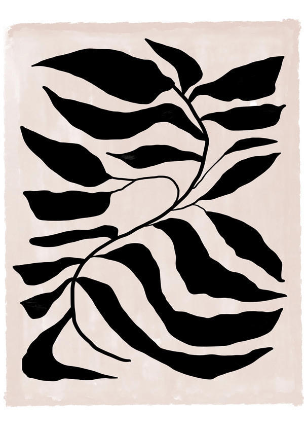 Een minimalistisch kunstwerk met een vloeiend, abstract zwart bladontwerp met langwerpige, golvende bladeren op een lichtbeige achtergrond. Dit Grafisch getekende bladschilderij van CollageDepot biedt een eenvoudige en strakke esthetiek, perfect voor wanddecoratie.