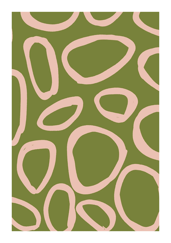 CollageDepot's aa 081 - grafische-art bevat abstracte kunst met onregelmatige roze contouren op een gedempte groene achtergrond. De vormen lijken op losse, organische, klodderachtige vormen die willekeurig over het beeld verspreid zijn.-