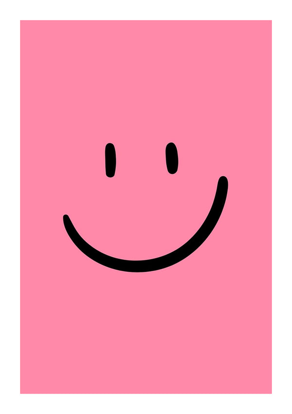 Een eenvoudig Smileygezicht van CollageDepot met twee zwarte stippen als ogen en een gebogen zwarte lijn voor een glimlach op een effen roze achtergrond.-