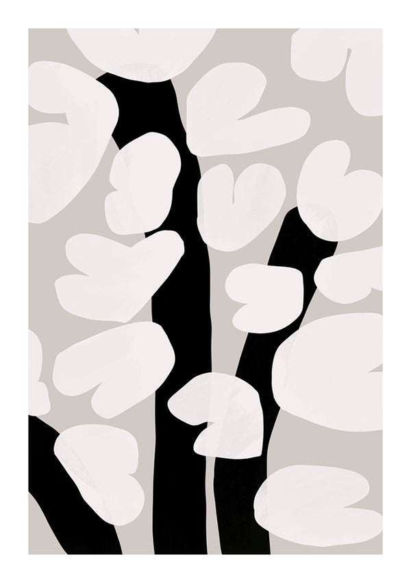 Abstracte illustratie met zwarte verticale vormen die op boomstammen lijken, versierd met grote, witte, bloemblaadjeachtige vormen tegen een grijze achtergrond. Het algehele ontwerp is modern en minimalistisch, waardoor het CollageDepot Witte bloemblaadjes schilderij de perfecte wanddecoratie is voor elke eigentijdse ruimte.