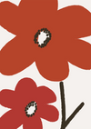 Illustratie van twee rode bloemen met zwarte middelpunten op een witte achtergrond. De grotere bloem staat boven en iets rechts van de kleinere. Beide hebben dikke bruine stengels. Dit Abstract rode bloemen schilderij van CollageDepot voegt een vleugje elegantie toe aan je wanddecoratie en legt de essentie van abstracte bloemen vast.