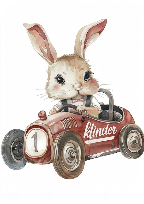 Illustratie van een konijn dat een kleine vintage rode auto bestuurt met "CollageDepot" op de zijkant en het nummer 1 op de voorkant. Het konijn lijkt gefocust en houdt het stuur met beide poten vast.-