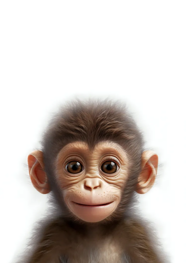 Een close-up van een jonge aap met grote, expressieve ogen en lichtelijk geopende lippen, waardoor de indruk ontstaat van een subtiele glimlach. De achtergrond is wit en effen, waardoor het gezicht en de gelaatstrekken van de aap volledig in beeld komen. Deze prachtige afbeelding is te zien in "dcc 014 - kids" van CollageDepot.-