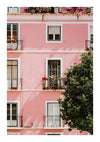 CollageDepot's cc 038 - natuur heeft een gevel van een roze gebouw met meerdere ramen, smeedijzeren balkons, waarvan één met rode bloemen, en een zichtbaar huisnummer '5'. De omgeving is zonnig met een glimp van een boom aan de zijkant.-