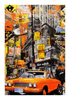 Een levendige bba 012 - pop-art met een feloranje vintage auto tegen een bruisend stedelijk straatbeeld, inclusief talloze straatnaamborden, advertenties en graffiti, voornamelijk in zwarte, witte en gele tinten van CollageDepot.-