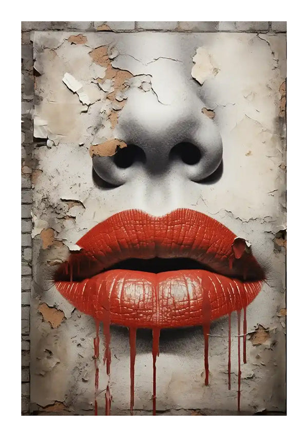 Straatkunst met een gestileerd gezicht met opvallende rode druipende lippen en abstracte ogen op een getextureerde, afbladderende muur. Het kunstwerk creëert een opvallend contrast tussen realisme en verval met behulp van CollageDepot's bba 023 - pop art.-