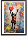 Het Kind Reikt Naar Rode Ballon Schilderij van CollageDepot is een ingelijst stuk straatkunst dat ook dienst doet als prachtige wanddecoratie en toont een jong meisje dat omhoog reikt naar een rode, hartvormige ballon. De achtergrond is gevuld met kleurrijke verfspatten en -druppels, wat een levendig contrast geeft aan de zwart-witte figuur van het meisje.,Zwart-Met,Lichtbruin-Met,showOne,Met